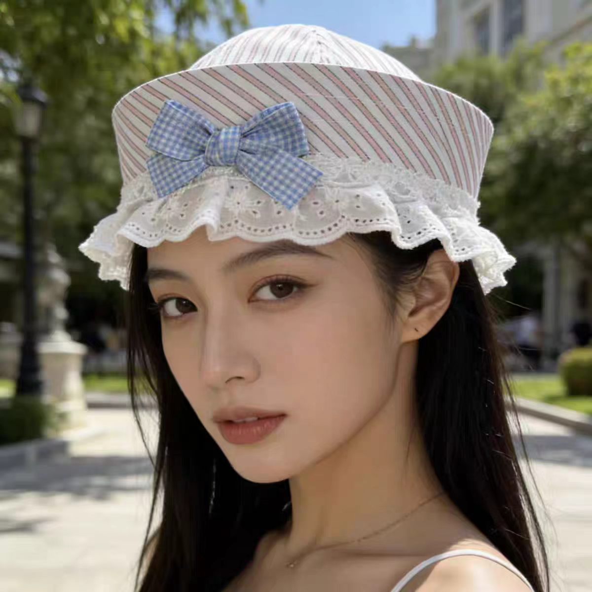 새로운 당면 레이스 리본 세일러 모자