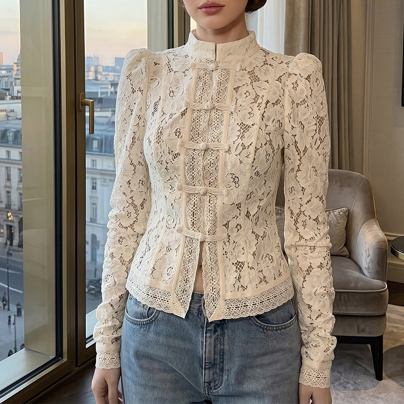 Foreign Trade Cross-Border European and American Style Women's Clothing, Elegant and Fashionable Stand-Up Collar, Buttoned Waist, Lace Hollow-Out Slim-Fit Long-Sleeve Shirt for Women Foreign Trade Cross-Border European and American Style Women's Clothing, Elegant and Fashionable Stand-Up Collar, Buttoned Waist, Lace Hollow-Out Slim-Fit Long-Sleeve Shirt for Women