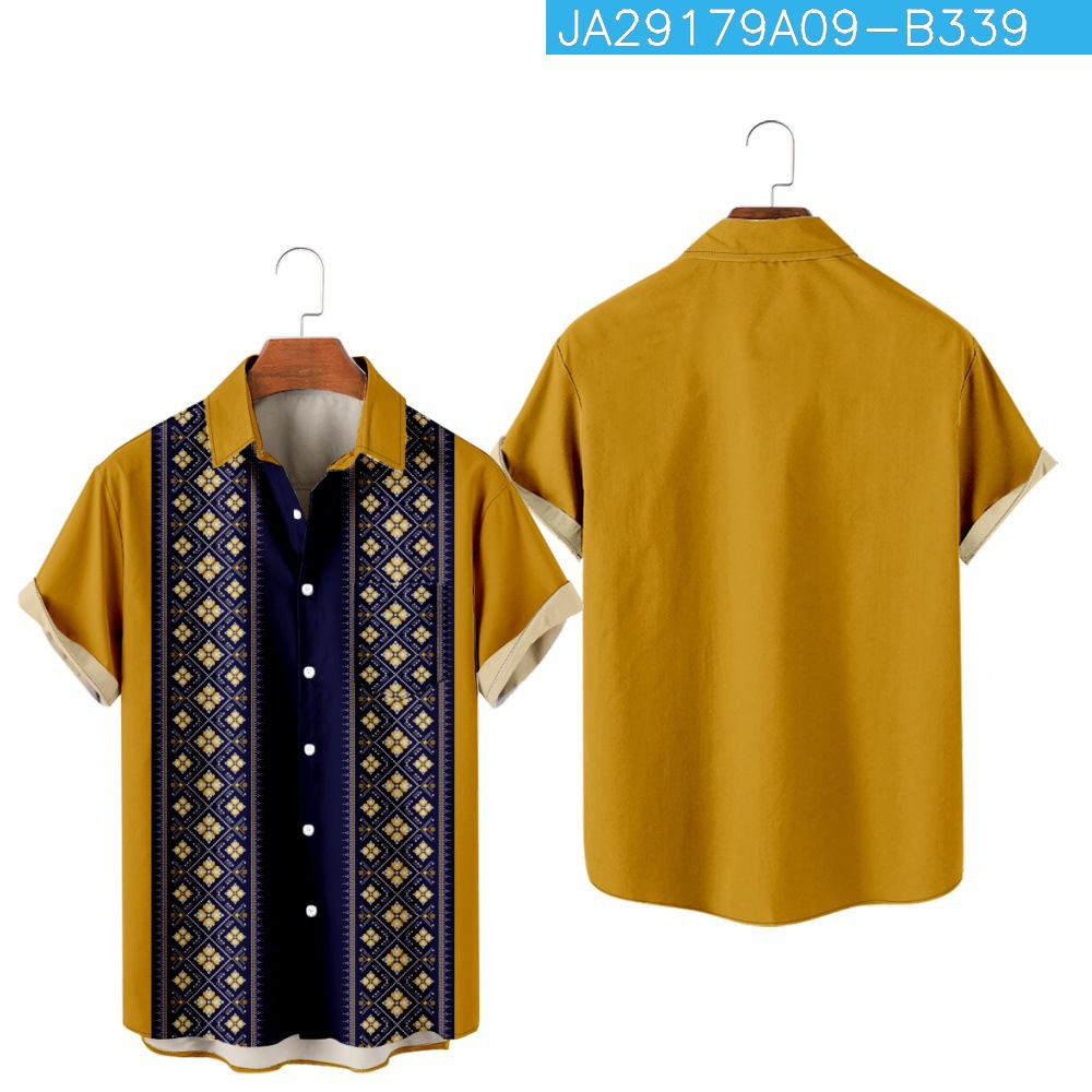 2023 nuevo verano transfronterizo rayado floral 3D Impresión digital manga corta moda solapa camisa de bolsillo de los hombres