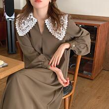 实拍2025春季新款韩系ins复古大翻领钩花披肩拼接V领连衣裙OPS女