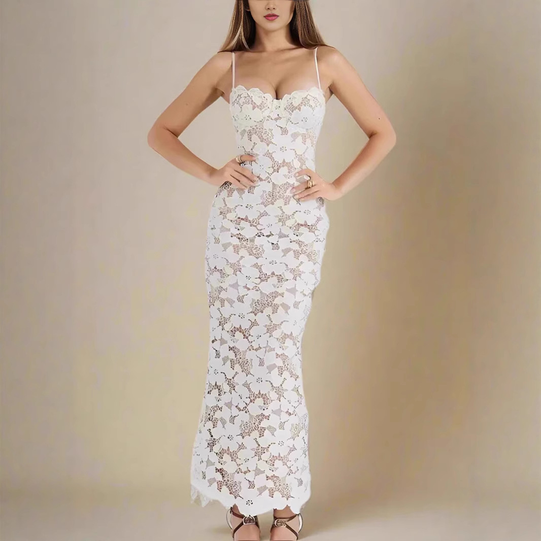 2025跨境气质白色抹胸绑带性感吊带蕾丝系带连衣裙包臀长裙晚礼服