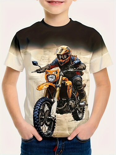 Motorcycle Pattern T-shirt for Plus Size Boys with UV Protection