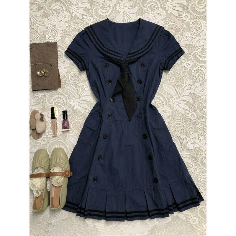 Haifenglangyu Japanese-Style Sailor Uniform Navy Blue Age-Reducing Navy Collar Slimming Short-Sleeve Dress for Women New Spring Model