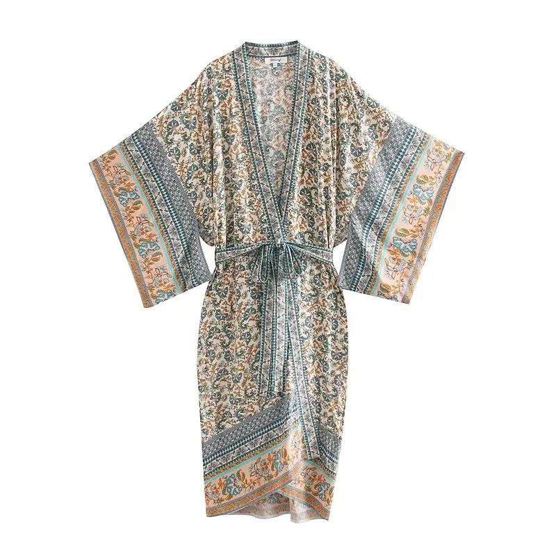 Cross-Border Women's Fashion 2026 Summer New Style Long Belted Elegant V-Neck Wide-Sleeve Printed Kimono Dress Vacation Style