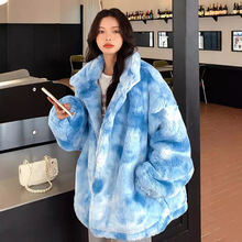 冬季扎染皮草兔毛外套中长款欧美大码翻领女装拉链印花毛绒衣服厚