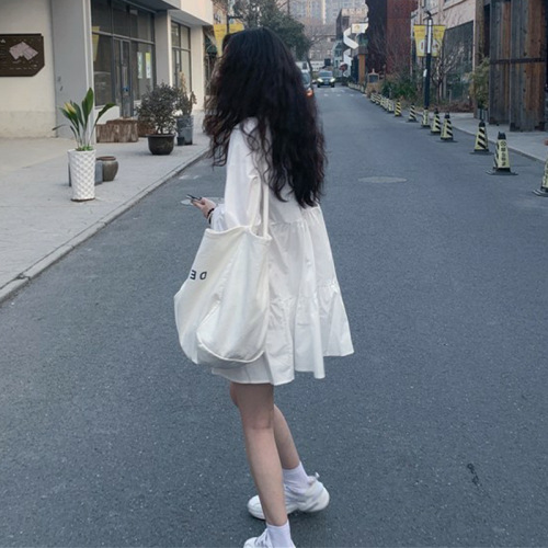 2024 Spring and Autumn New Short Figure French White Dress for Women, Design-Savvy, Unconventional Long-Sleeve A-Line Blouse Dress for Women