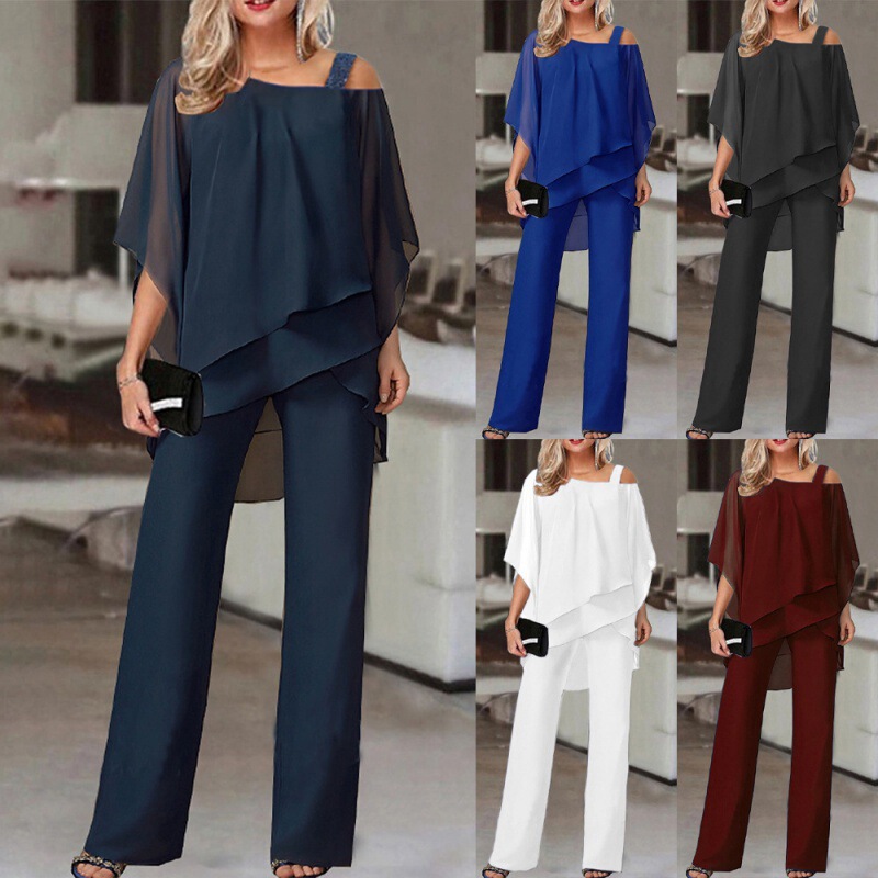 Bat Sleeve Top Pants Women's Casual Shoulder Irregular Party suit Elegant Two-piece Set 2024 Spring, Summer and Autumn 66