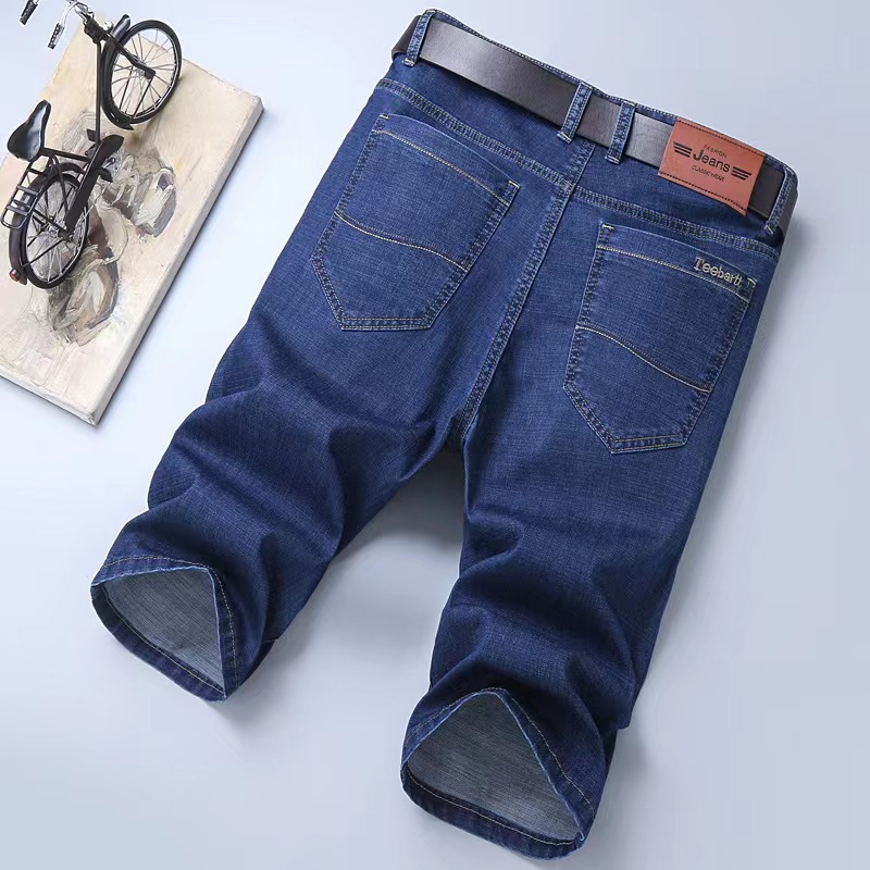 Pantalones cortos casuales de algodón para hombres de verano pantalones cortos elásticos relajados pantalones medianos para personas de mediana edad y ancianos pantalones vaqueros de Negocios de siete puntos de tubo recto