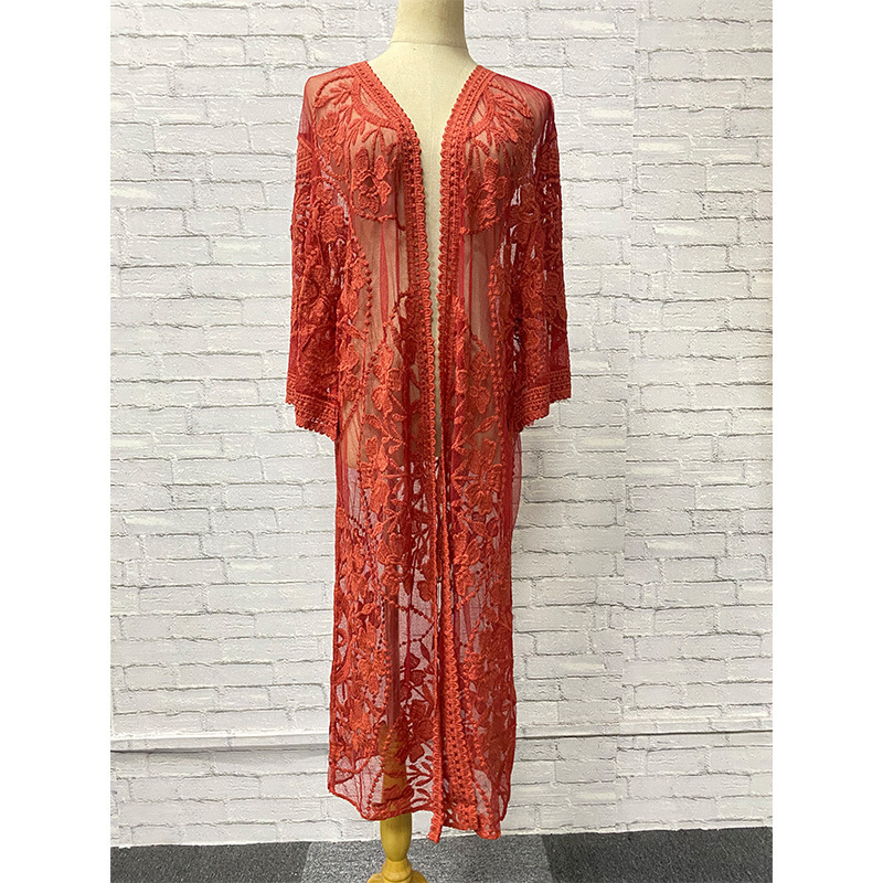 2023 primavera y verano europeo y americano suelta bordado malla blusa bikini blusa vacaciones playa cardigan transfronterizo mujeres