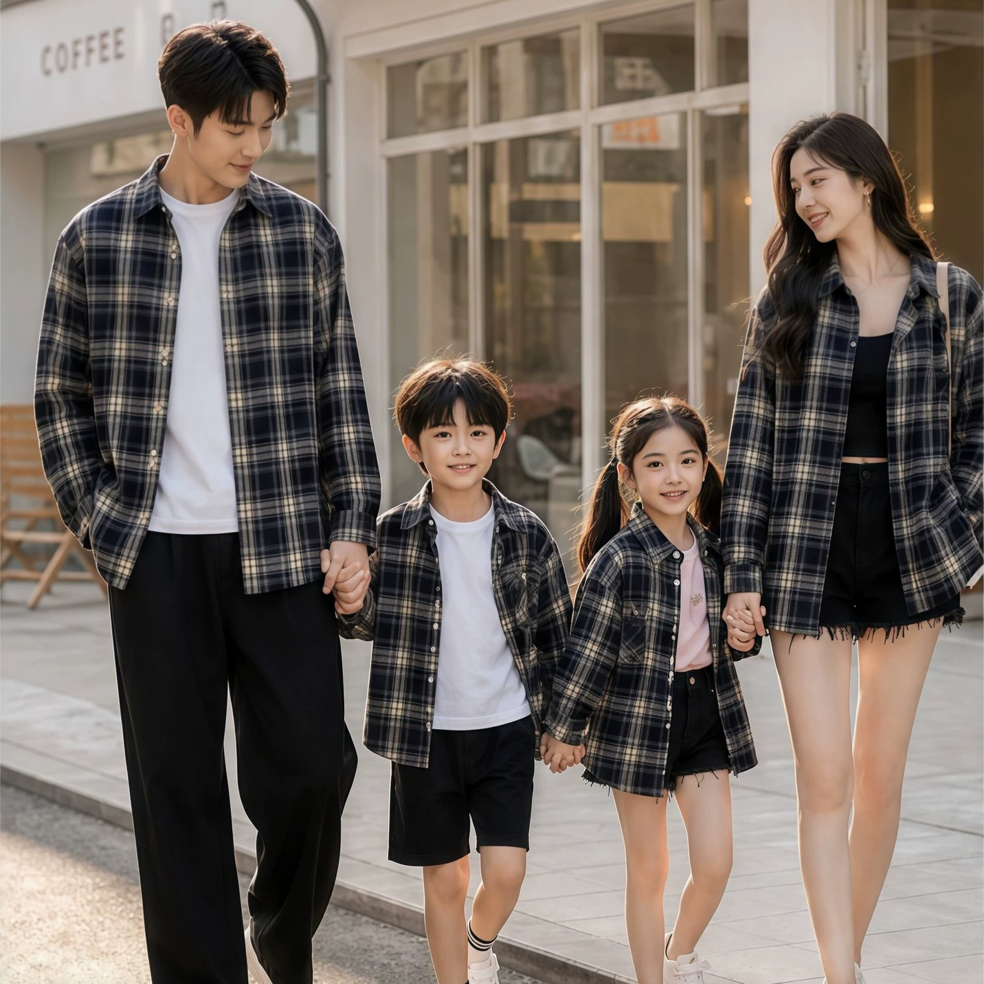 Matching mother-daughter outfits, high-end casual autumn wear for boys and girls, stylish plaid shirts with full-print prints, perfect for the streets.