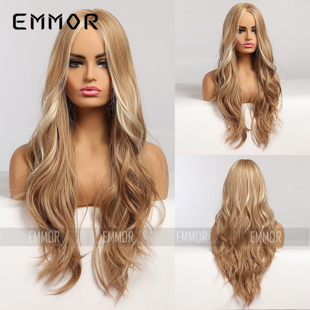 Emmor Amazon Comercio exterior europeo y americano peluca pelucas oro medio largo pelo rizado fibra química peluca hembra sombrerería