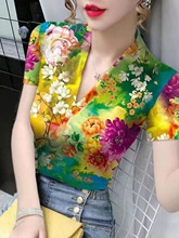 v领短袖t恤女士夏季时尚洋气冰丝上衣修身气质印花中年妈妈打包邮
