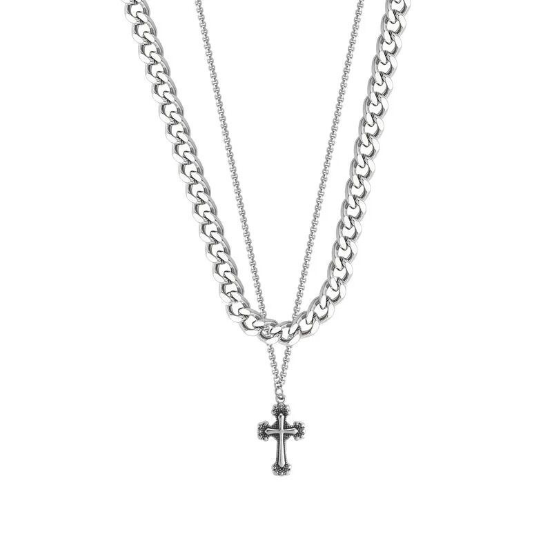 Collier pendentif croix vintage en acier titane pour femme, double rangée, style hip-hop, chaîne cubaine pour clavicule, pour homme_voghion.com
