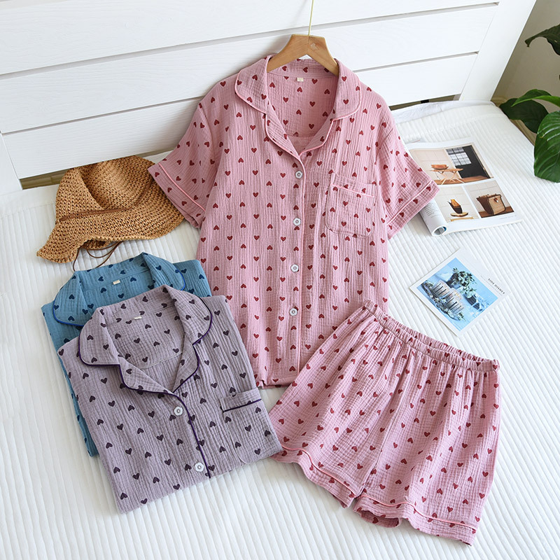 Pijamas de verano para mujer Pantalones cortos gasa de algodón de manga corta de doble capa ropa para el hogar traje de crepé de media manga transpirable que absorbe el sudor