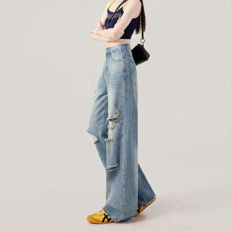 Blue Ripped Summer Thin Jeans for Women, High-Waisted, Slimming, Straight-Leg, Floor-Length, Wide-Leg, Leg-Lengthening, Versatile Blue Ripped Summer Thin Jeans for Women, High-Waisted, Slimming, Straight-Leg, Floor-Length, Wide-Leg, Leg-Lengthening, Versatile