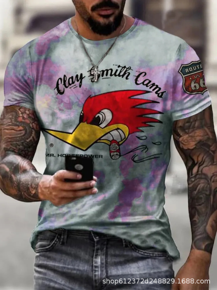Cross-border Amazon hombres camisa de cuello redondo retro manga corta estilo europeo y americano impreso N ° 66 carretera carta camiseta