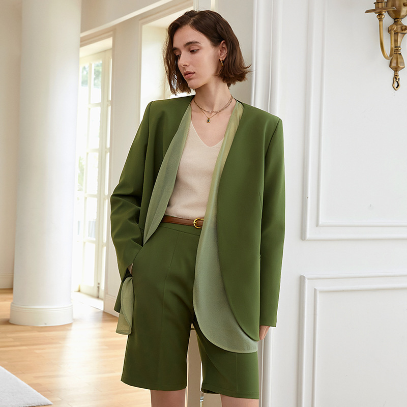 Shenzhen Nanyou Wholesale Direct Supply Retro Layered Color Matching Collarless Suit Jacket Women's 2023 New Elegant Suit Shenzhen Nanyou Wholesale Direct Supply Retro Layered Color Matching Collarless Suit Jacket Women's 2023 New Elegant Suit