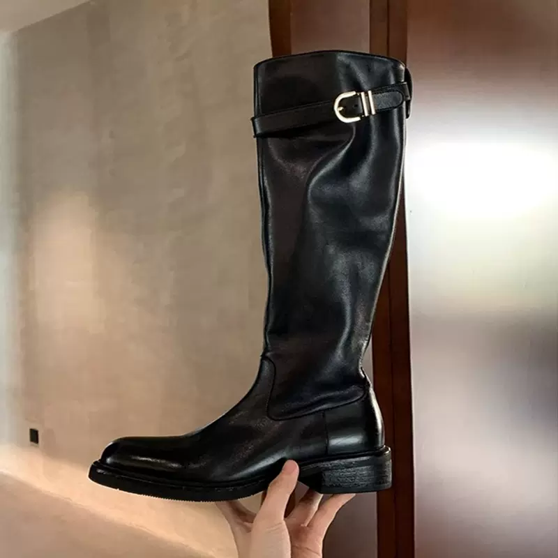 葡萄妈studiolee 水洗马皮圆头粗跟厚底增高腿直长筒骑士靴女秋冬