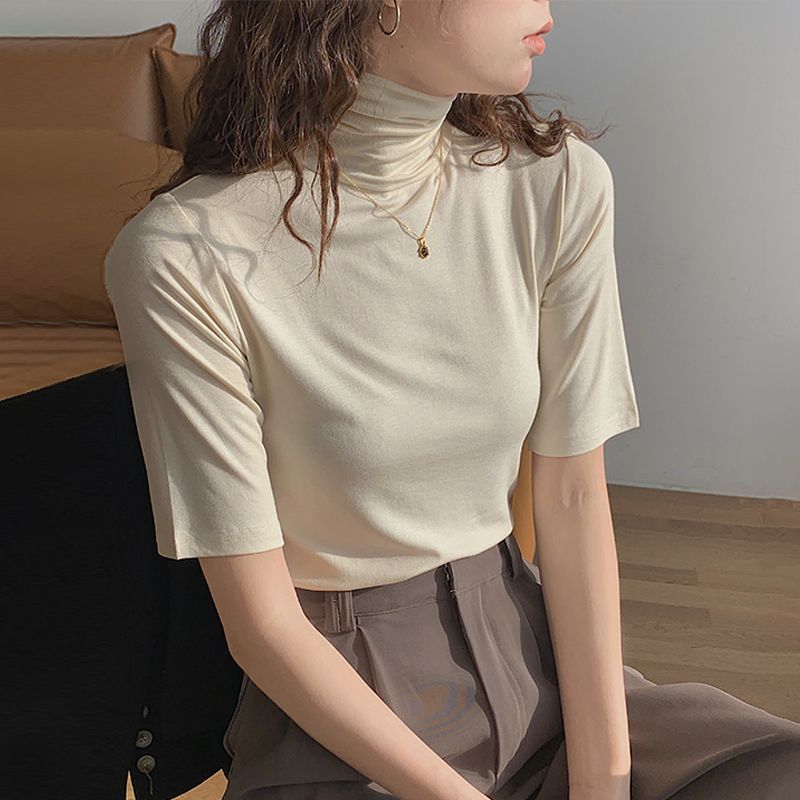 High-Neck Bottoming Shirt for Women, Early Spring New Style, Solid Color Five-Quarter Sleeve Half-Sleeved Top, Short-Sleeved Shirt