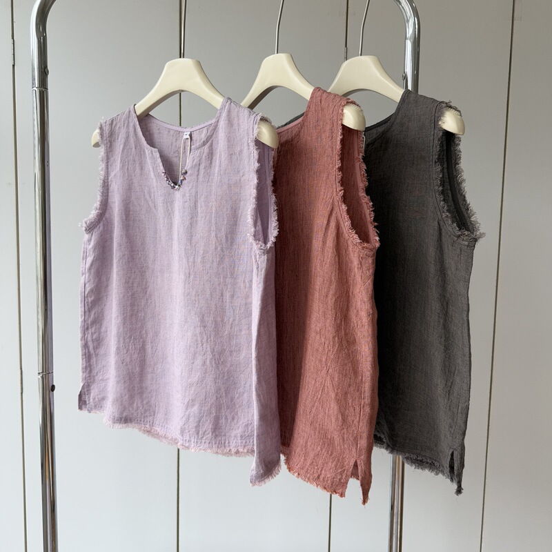 Yarn-Dyed 100% Linen, Double Yarn with Different Colors! Traditional Sand-Washed Small V-Neck Lightweight Loose Sleeveless Fringe Vest for Women in Summer