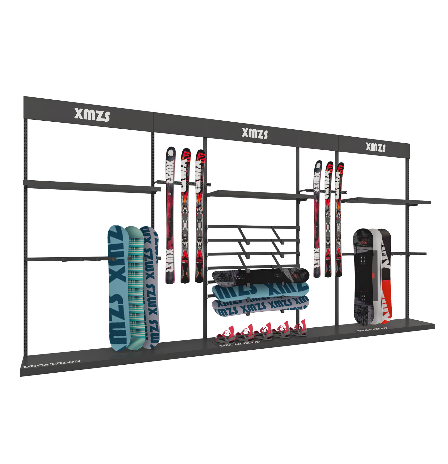 Tienda de nieve al aire libre de alto nivel, estante de exhibición de tienda de ropa, estante de exhibición retrógrado de doble capa móvil de tienda de ropa de hombre