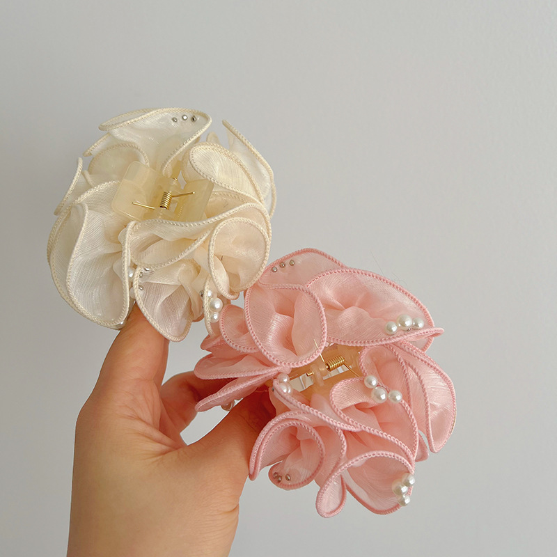 2024新款泡泡網紗珍珠款抓夾女氣質多層蝴蝶結小號後腦勺鯊魚夾子