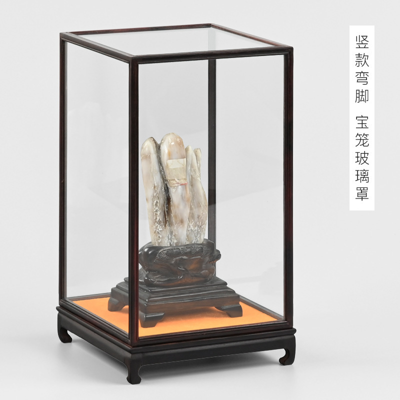 紫檀木防尘罩佛像花瓶古董观音摆件玉石透明展示盒宝笼红木玻璃罩|undefined