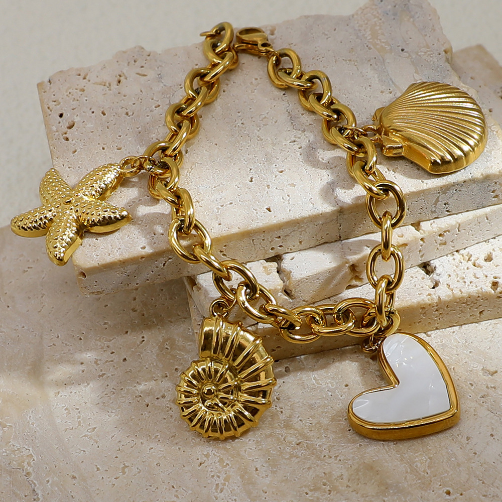 Women's Gender PVD Coated Real Gold Plated Starfish Conch Heart Shape 304 Stainless Steel Marine Style IG Waterproof Non Tarnish Bracelets