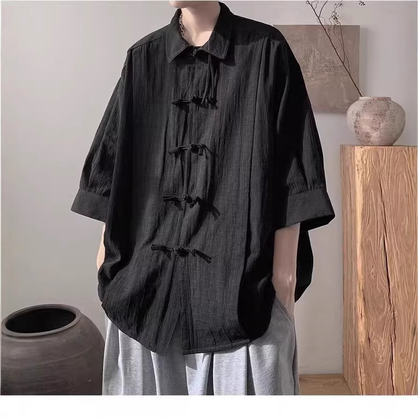 2025 Chinese Style Disc Button Cotton and Linen Robe Men's New Chinese Style Three-Quarter Sleeve Shirt High-End Short-Sleeved Jacket