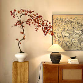 红色流泉枫仿真绿植高端轻奢新中式禅意茶室摆件玄关小型假花盆栽