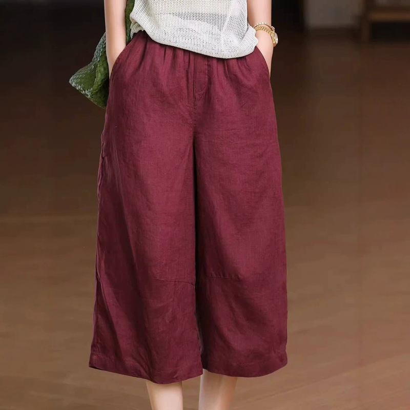 Vintage-style plus-size women's clothing, retro linen pants, cropped pants, loose high-waisted straight pants, casual pants, cotton-linen wide-leg pants Vintage-style plus-size women's clothing, retro linen pants, cropped pants, loose high-waisted straight pants, casual pants, cotton-linen wide-leg pants