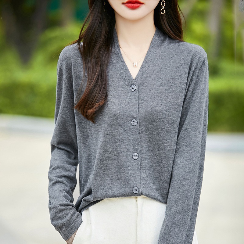 V领长袖针织开衫女秋季新款精仿羊毛纯色百搭外套毛衣打底衫上衣|undefined
