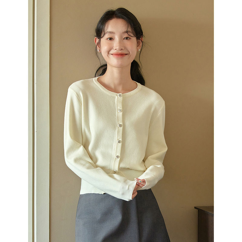 秋冬圆领长袖宽松开衫毛衣女装上衣新款简约百搭针织小香风外套|undefined
