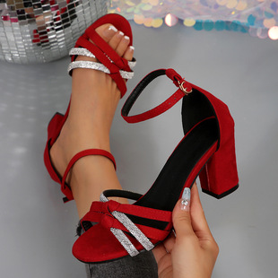 Cross-Border Export Women's Shoes 2025 Summer New Thick Heel High Heel Sandals Bright Diamond French One-Strap High Heel Sandals