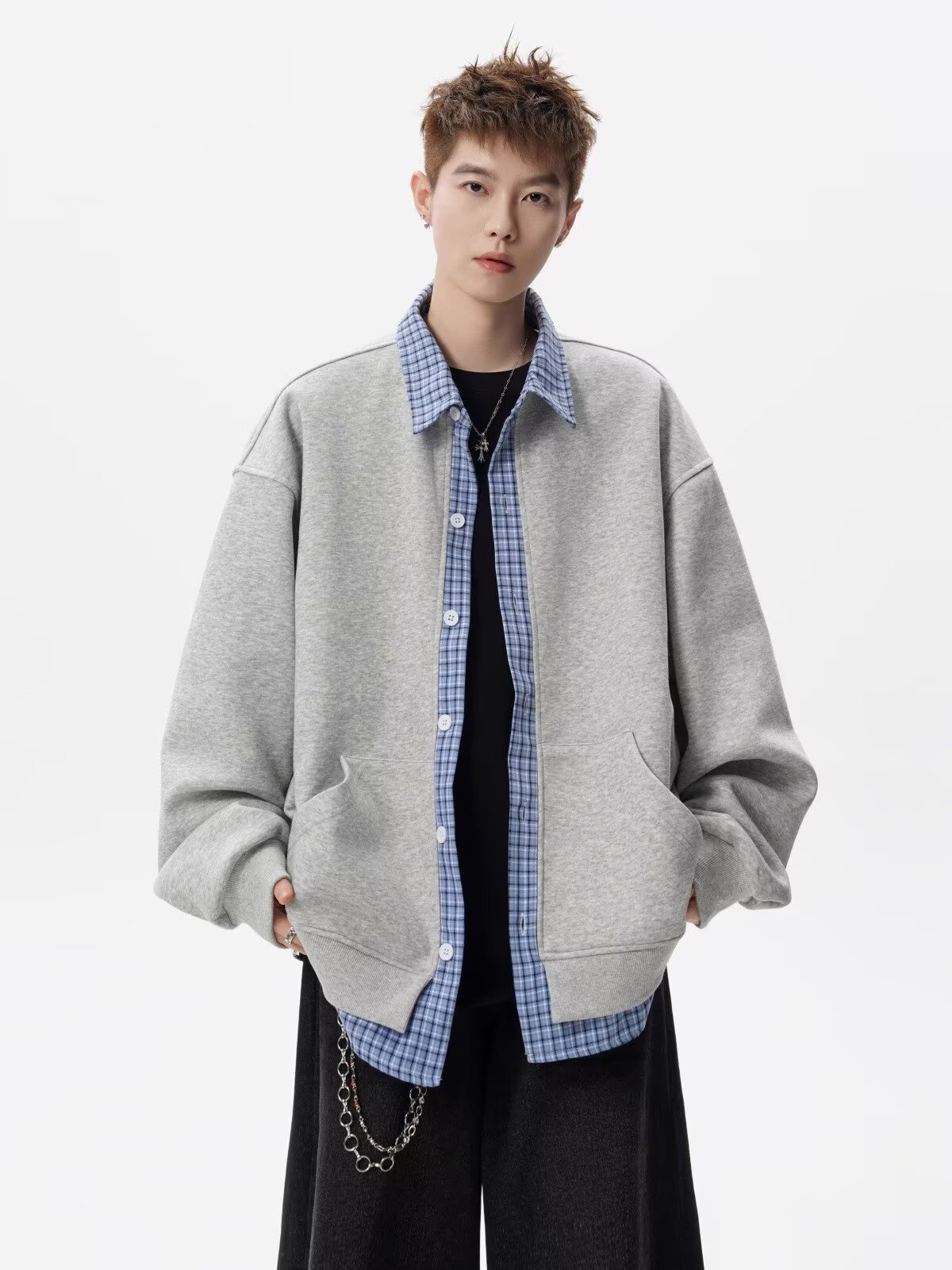 Cardigan con cappuccio uomo patchwork stile casual autunno_voghion.com