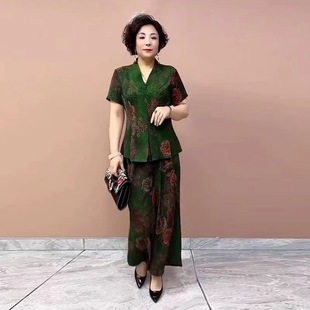 2025 Mom Suit Summer New Short Sleeve Top High Waist Wide Leg Pants Retro Print Slimming Two Piece Suit