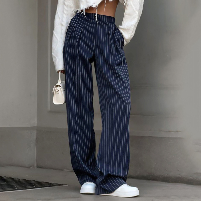 Navy Blue Striped Wide-Leg Pants for Women 2026 Autumn and Winter New Design Casual Trousers with Drape Effect Women's Clothing Navy Blue Striped Wide-Leg Pants for Women 2026 Autumn and Winter New Design Casual Trousers with Drape Effect Women's Clothing
