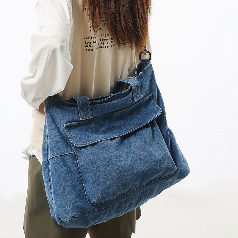 Retro Style Denim Shoulder Bag Female Middle School Student School Bag Literary Style 2025 Handbag Large Capacity Tote Bag