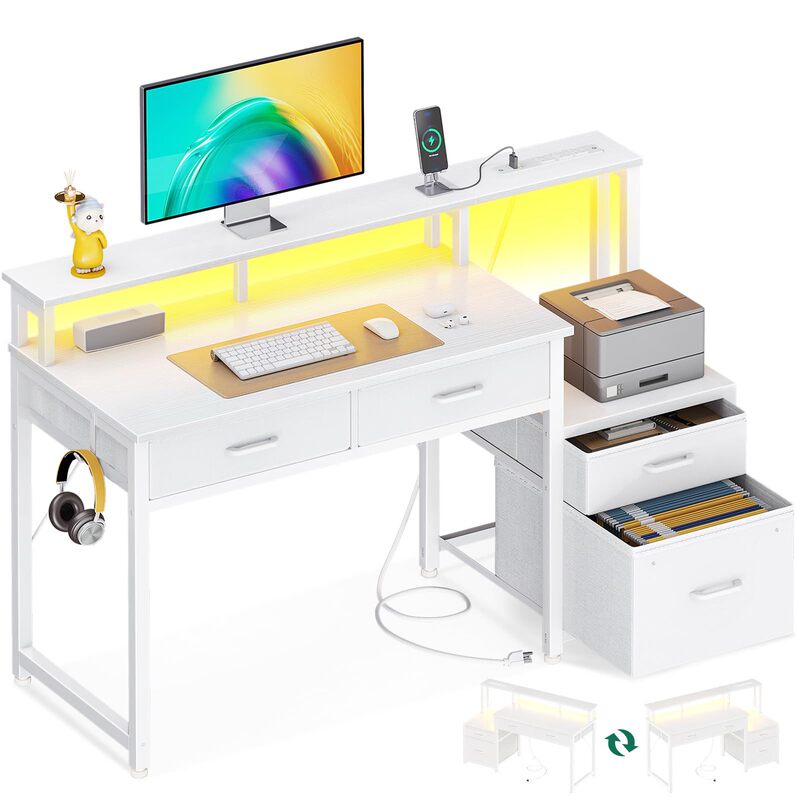 48 inch computer desk, fabric filing cabinet and fabric drawer reversible desk with LED strip and power strip