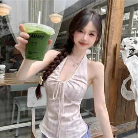 设计感小众蕾丝条纹挂脖绑带无袖上衣夏季新款修身莫代尔内搭背心
