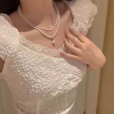 French Style Retro Pearl Double Layer Necklace Small Rice Bead Accessories Women's Light Luxury Niche Collarbone Chain Choker