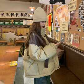 pu皮拼接短款羽绒服女2025冬新款小个子设计感小众加厚白鸭绒外套