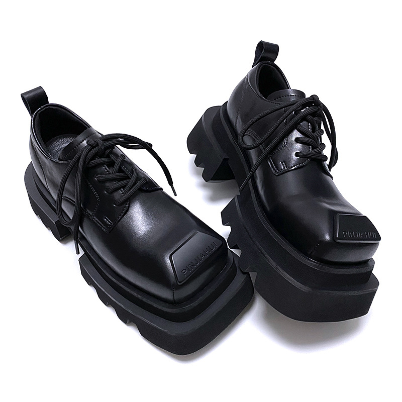 High-End Square-Toe Leather Shoes for Men, Niche Design Suit Shoes, Large-Toe Thick-Soled Heightening Versatile Derby Shoes for Men and Women