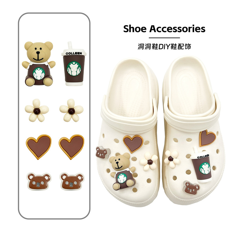 2026 New Model Clog Shoe Accessories Summer Wholesale Slippers with a Stepping-On-Poop Sensation Cartoon Cute Coffee Bear DIY Series 2026 New Model Clog Shoe Accessories Summer Wholesale Slippers with a Stepping-On-Poop Sensation Cartoon Cute Coffee Bear DIY Series
