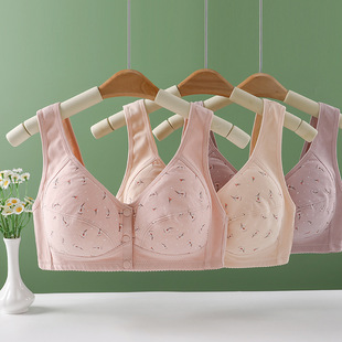 Cross-Border New Front-Button Large Size Underwear Vest-Style Mother's Full Soft Cotton Cup Without Steel Ring Side-Retractable Breathable Thin Cup Bra