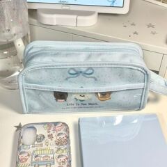 新しいブルー水玉模様の子犬大容量鉛筆バッグイン大容量文具バッグ学生多機能収納鉛筆