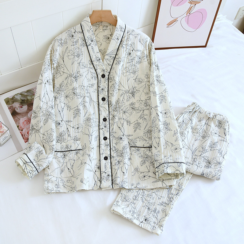 코튼 크레이프 V 넥 스케치 꽃 감금 의류 세트