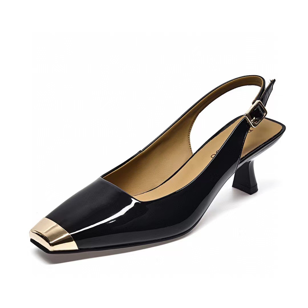 Giày sandal nữ mũi vuông da thật gót nhỏ đế mềm — Màu đen