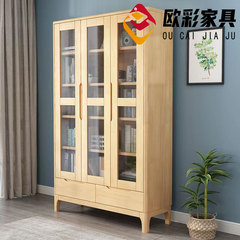 北歐全實木書櫃組合現代簡約防塵玻璃門展示櫃落地置物櫃帶抽木櫃