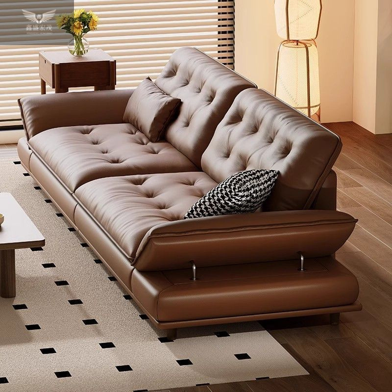 Sofá de cuero de piel de vaca de primera capa Sala de estar minimalista moderna Vela de estilo retro en línea recta estilo italiano de alta gama ligero lujo minimalista